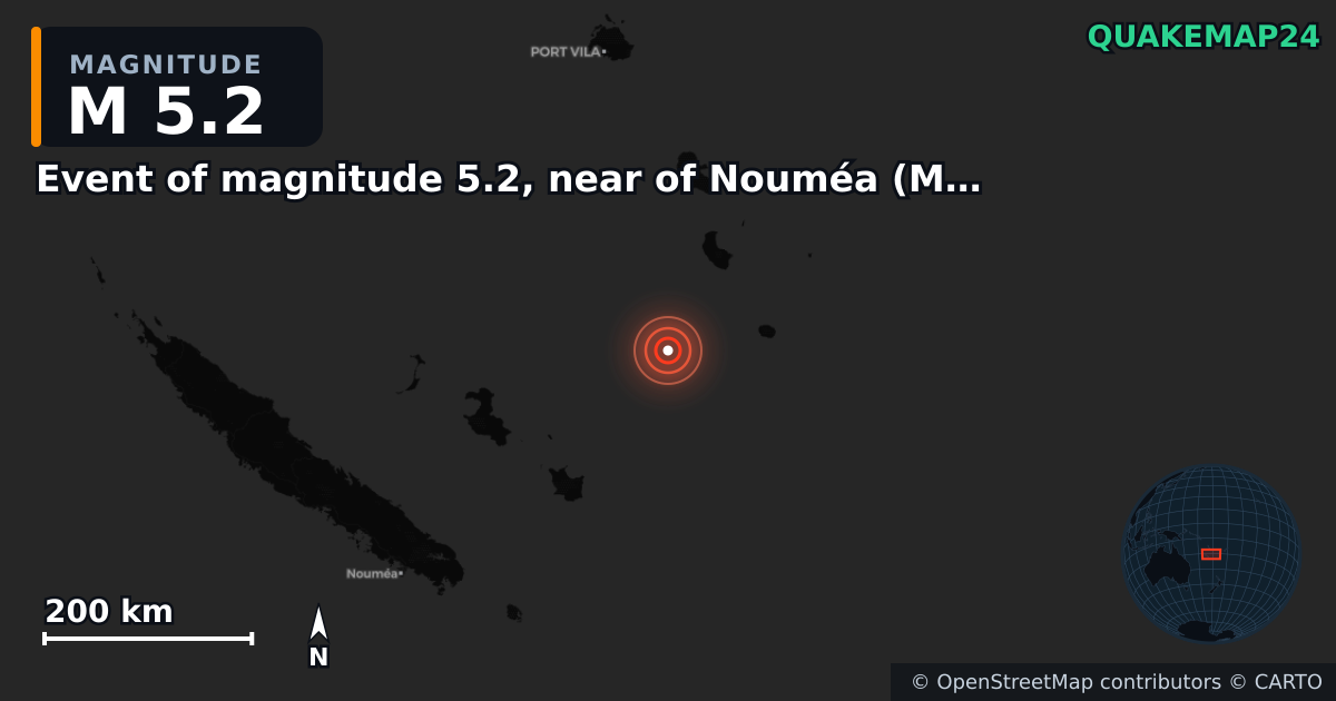 M5.2 earthquake near Event of magnitude 5.2, near of Nouméa (Monde) on Sep 25, 2025 — map of epicenter and shaking intensity | QuakeMap24