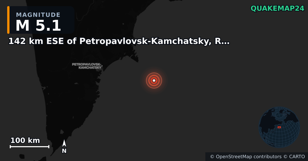 M5.1 earthquake near 142 km ESE of Petropavlovsk-Kamchatsky, Russia on Jul 20, 2025 — map of epicenter and shaking intensity | QuakeMap24
