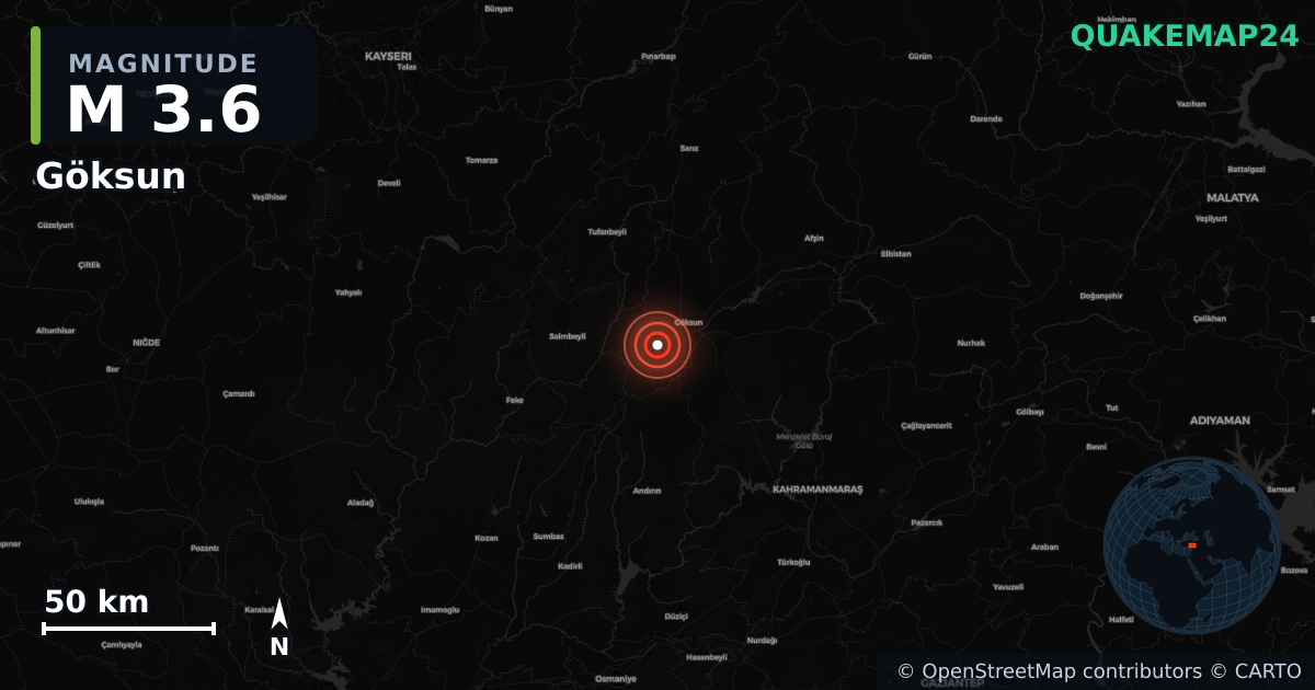 M3.6 earthquake near Göksun on Aug 9, 2026 — map of epicenter and shaking intensity | QuakeMap24