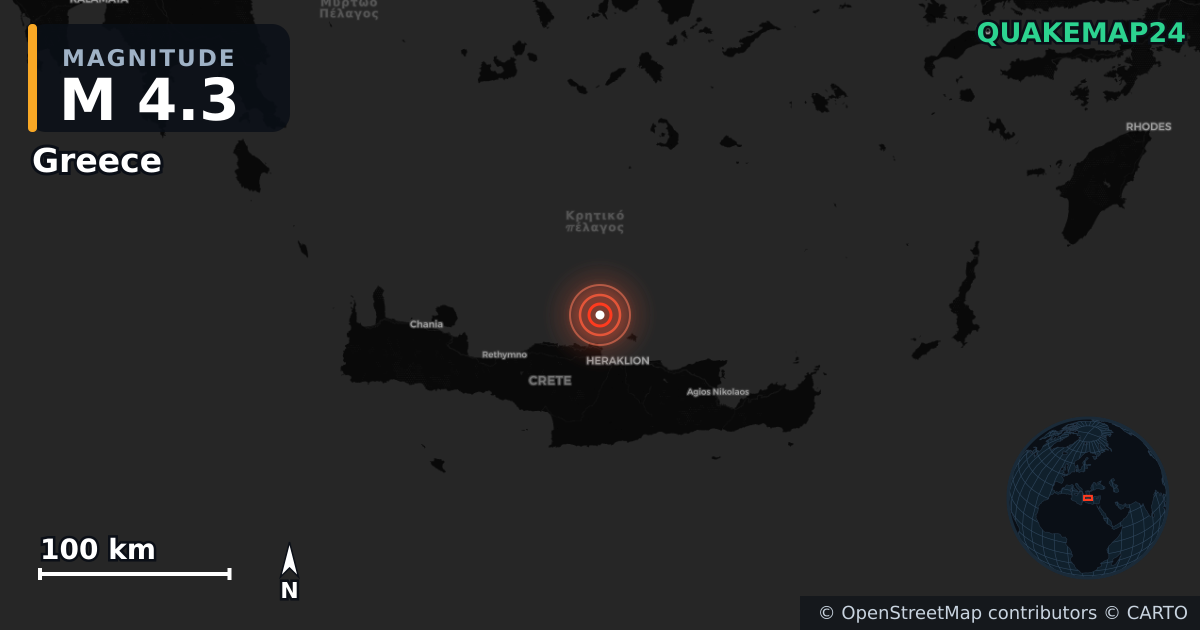 M4.3 earthquake near Greece on Jul 18, 2026 — map of epicenter and shaking intensity | QuakeMap24