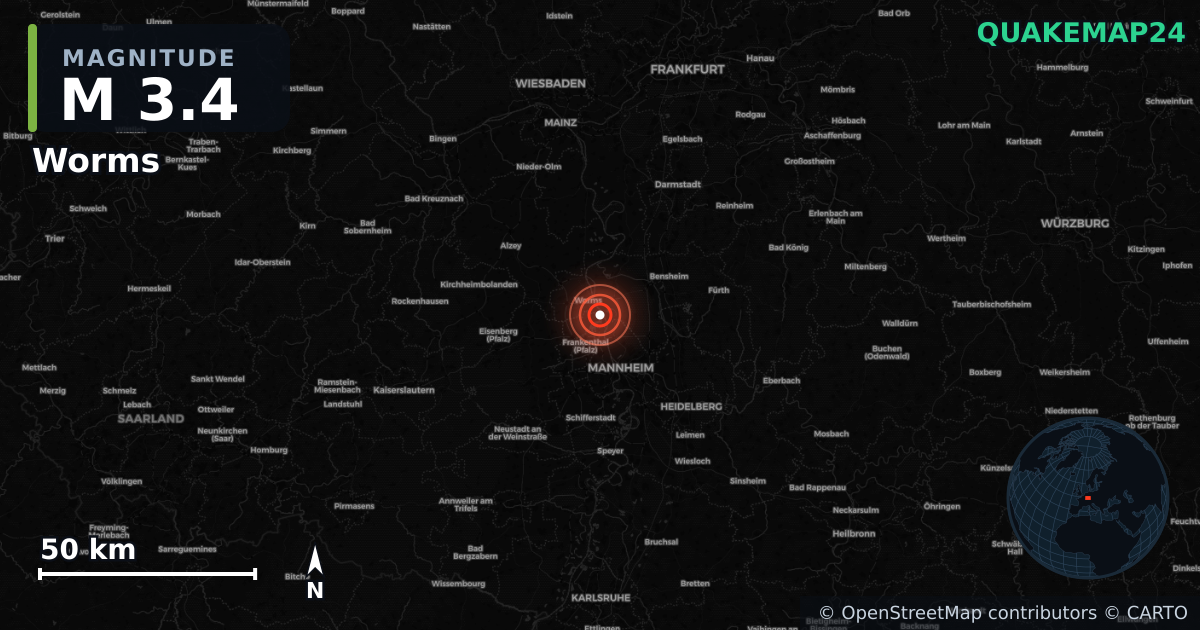 Sismo de M3,4 perto de Worms, Rhineland-Palatinate (Alemanha) · 2026-09-10 — Mapa da localização do epicentro