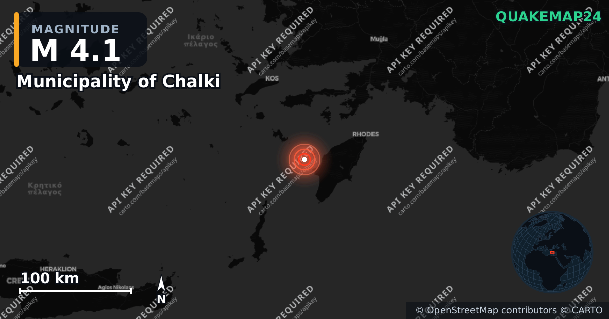M4.1 earthquake near Municipality of Chalki on Aug 29, 2026 — map of epicenter and shaking intensity | QuakeMap24