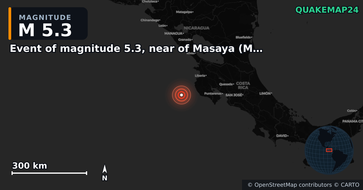 M5.3 earthquake near Event of magnitude 5.3, near of Masaya (Monde) on Apr 15, 2026 — map of epicenter and shaking intensity | QuakeMap24