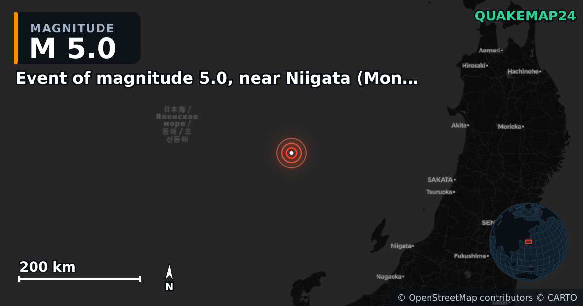 Sismo de M5,0 perto de Event of magnitude 5.0, near Niigata (Monde) — Mapa da localização do epicentro