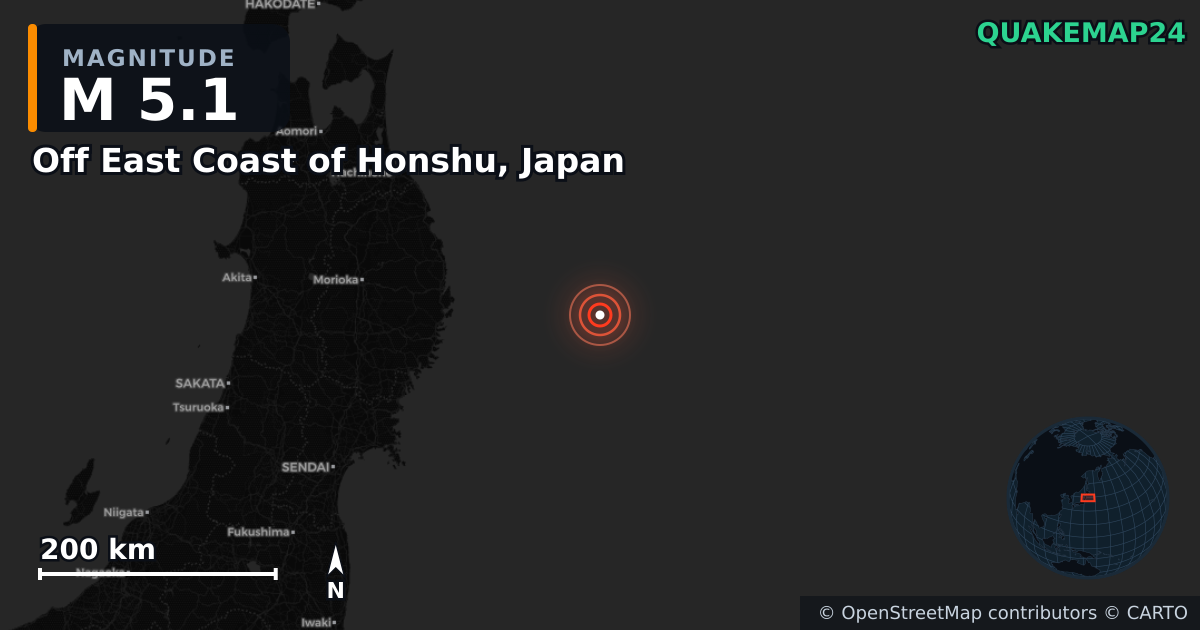 M5.1 earthquake near Off East Coast of Honshu, Japan on Nov 8, 2025 — map of epicenter and shaking intensity | QuakeMap24