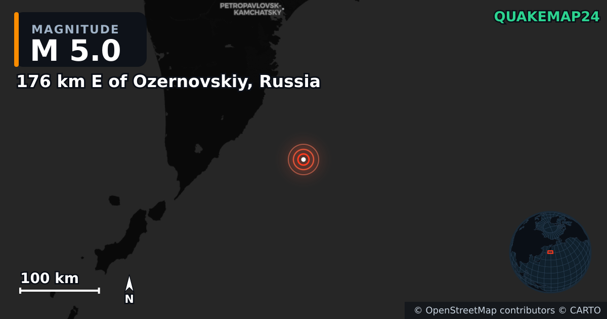 M5.0 earthquake near 176 km E of Ozernovskiy, Russia on Jul 30, 2025 — map of epicenter and shaking intensity | QuakeMap24