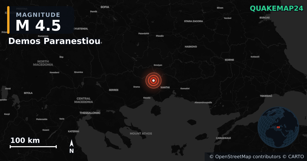 M4.5 earthquake near Demos Paranestiou on Nov 5, 2025 — map of epicenter and shaking intensity | QuakeMap24