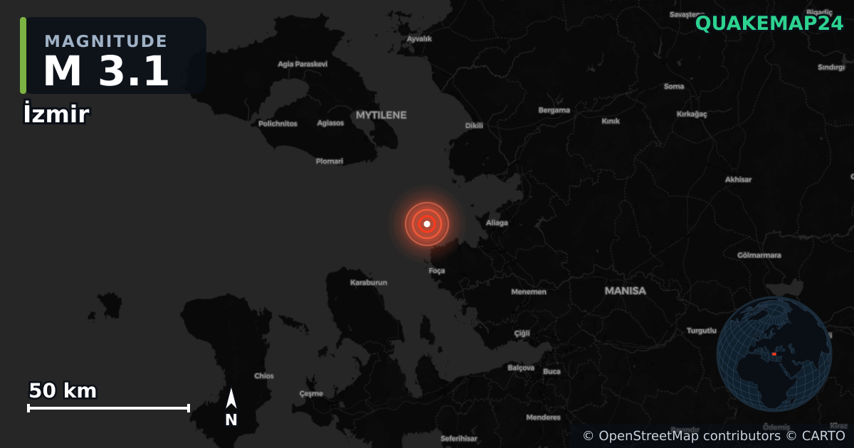 M3.1 earthquake near İzmir on Aug 17, 2025 — map of epicenter and shaking intensity | QuakeMap24