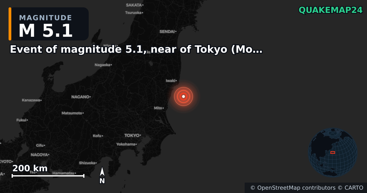 Erdbeben M5,1 bei Event of magnitude 5.1, near of Tokyo (Monde) — Karte der Lage des Epizentrums