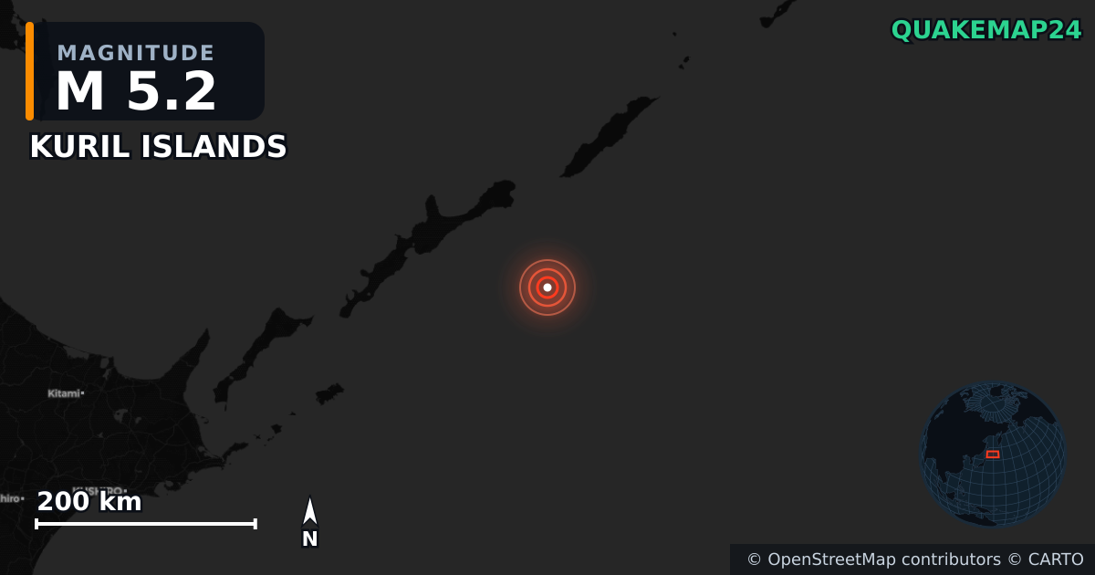 M5.2 earthquake near KURIL ISLANDS on Jul 30, 2025 — map of epicenter and shaking intensity | QuakeMap24