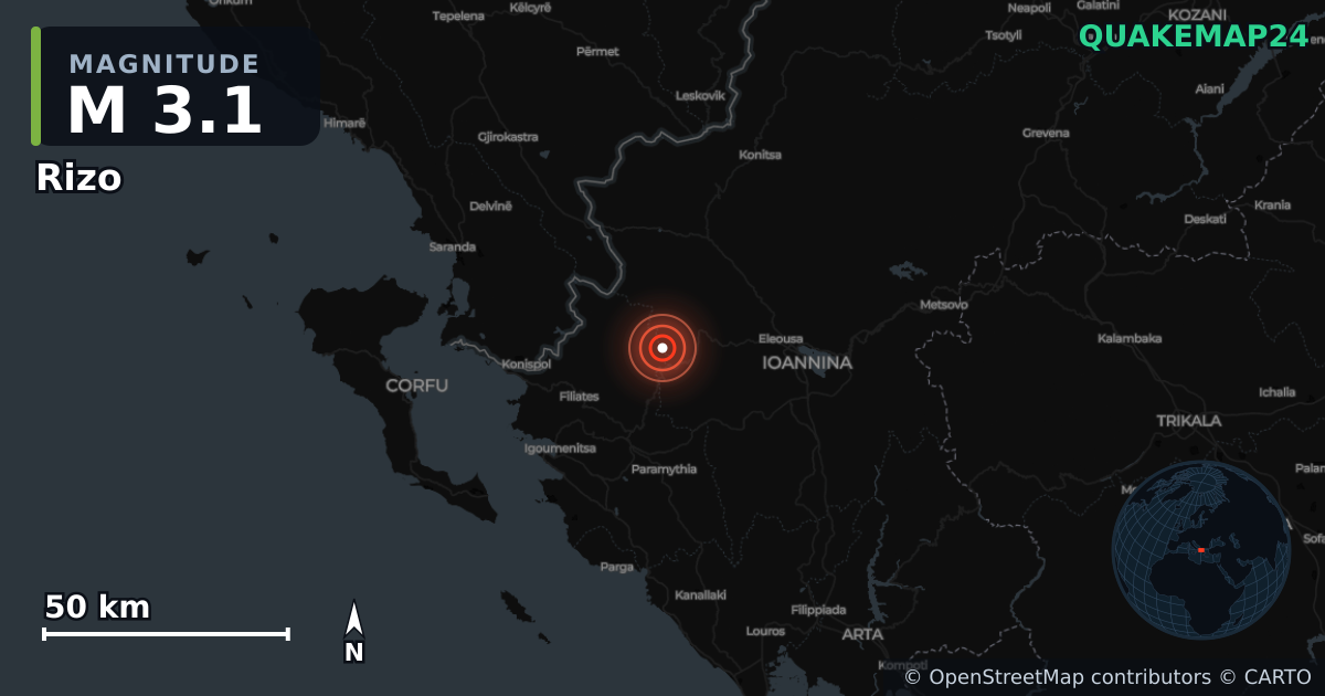 Σεισμός M3,1 κοντά στο Rizo, Epirus (Ελλάδα) · 2026-10-17 — Χάρτης της θέσης του επικέντρου