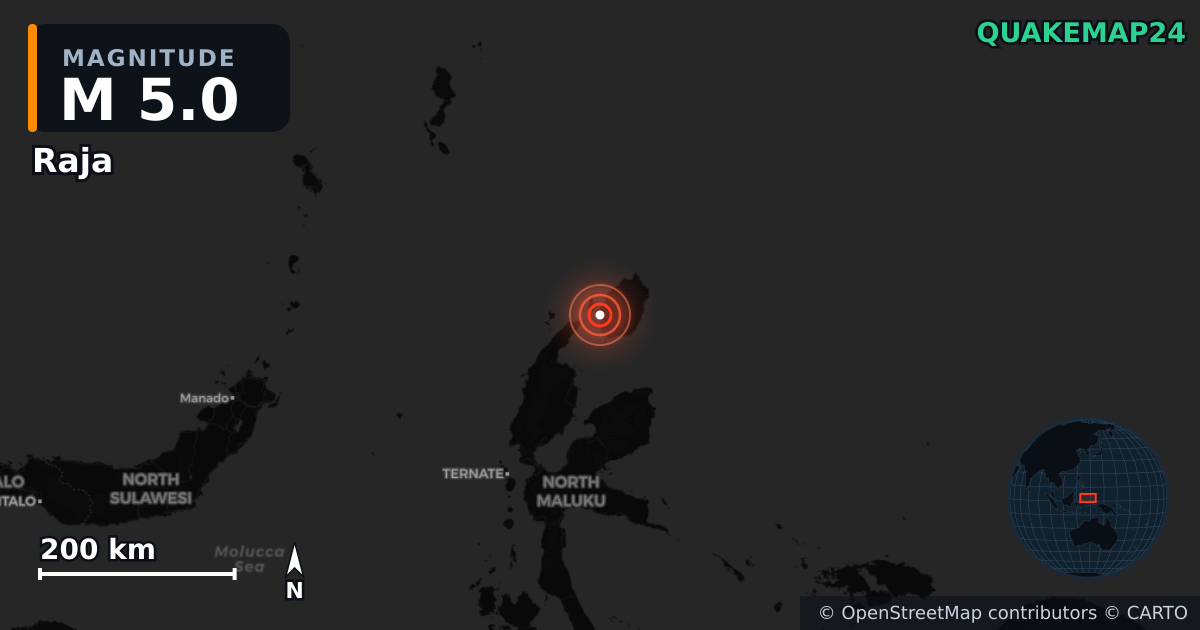 Erdbeben M5,0 bei Raja, North Maluku (Indonesien) — Karte der Lage des Epizentrums