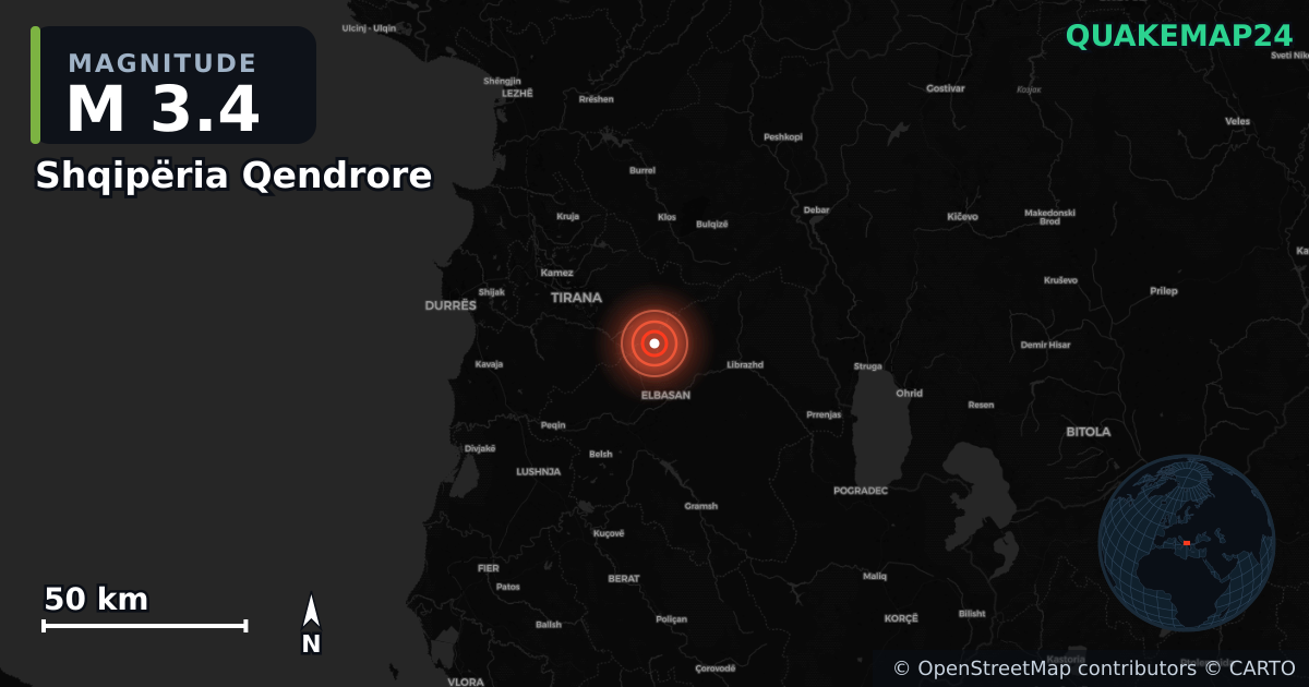M3.4 earthquake near Shqipëria Qendrore on Dec 13, 2025 — map of epicenter and shaking intensity | QuakeMap24