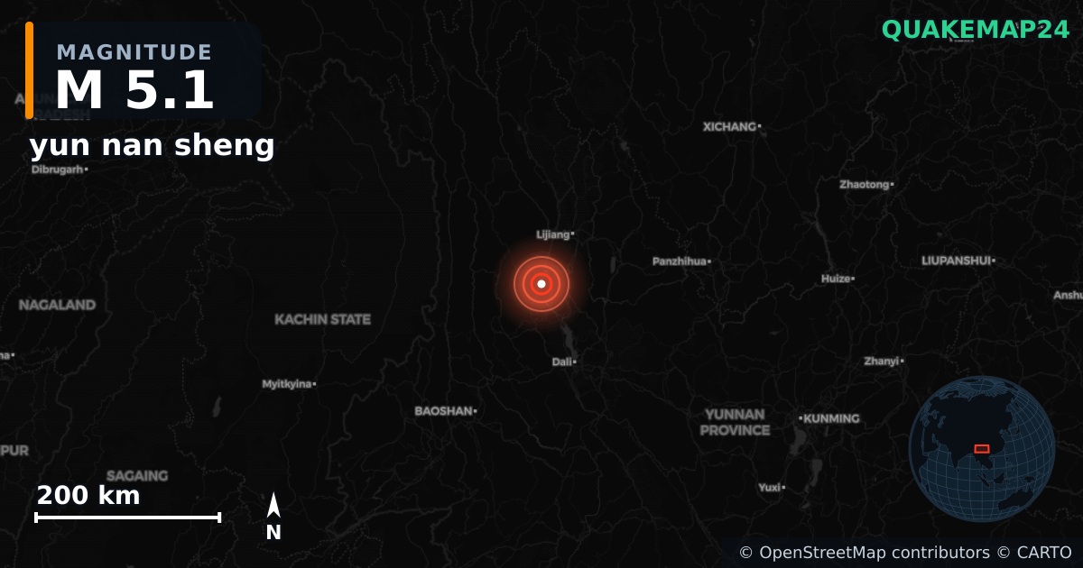M5.1 earthquake near yun nan sheng on Jun 4, 2025 — map of epicenter and shaking intensity | QuakeMap24