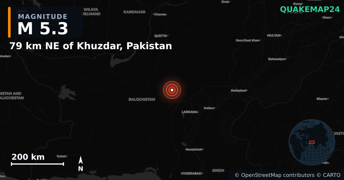 Erdbeben M5,3 bei 79 km NE of Khuzdar, Pakistan — Karte der Lage des Epizentrums