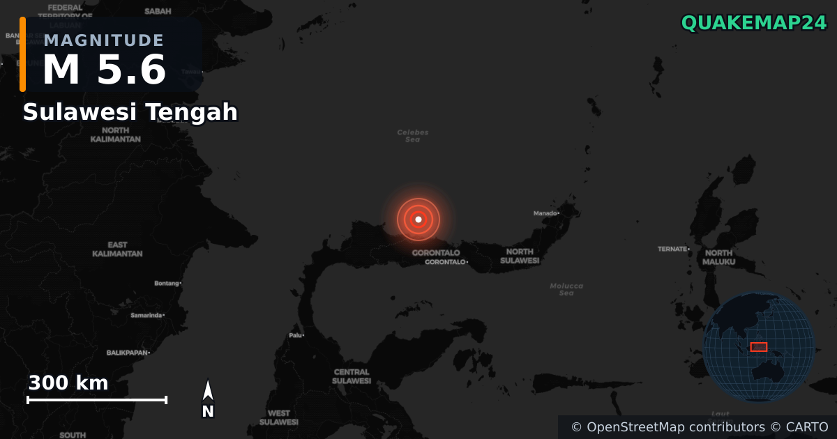 M5.6 earthquake near Sulawesi Tengah on Feb 19, 2026 — map of epicenter and shaking intensity | QuakeMap24
