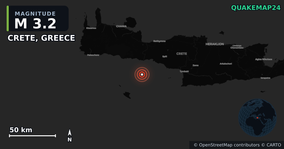 M3.2 earthquake near CRETE, GREECE on Jun 3, 2025 — map of epicenter and shaking intensity | QuakeMap24