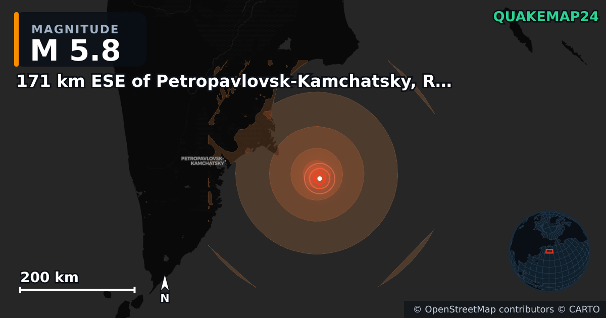 M5.8 earthquake near 171 km ESE of Petropavlovsk-Kamchatsky, Russia on Jun 19, 2026 — map of epicenter and shaking intensity | QuakeMap24