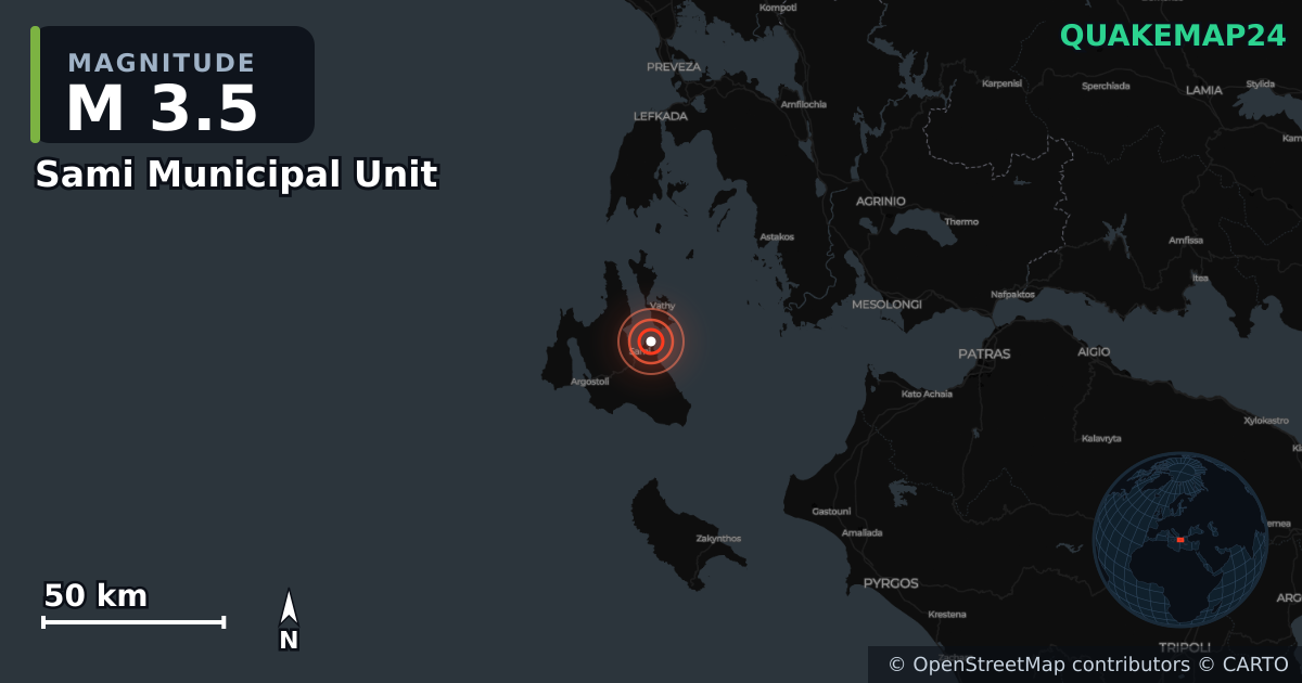 Erdbeben M3,5 bei Sami Municipal Unit, Ioanian Islands (Griechenland) · 2026-10-25 — Karte der Lage des Epizentrums