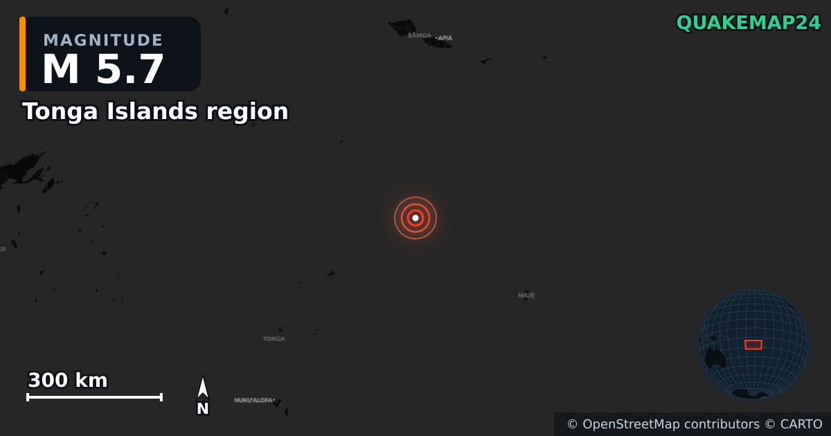 M5.7 earthquake near Tonga Islands region on May 26, 2026 — map of epicenter and shaking intensity | QuakeMap24