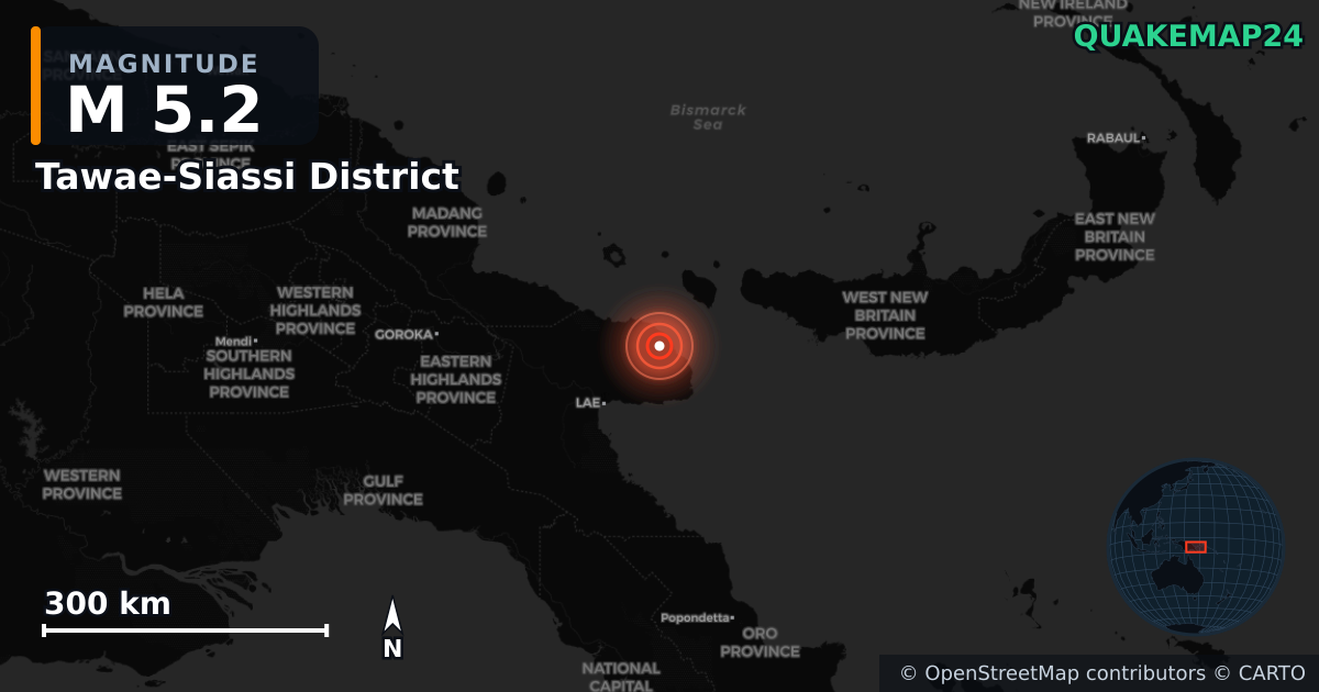 M5.2 earthquake near Tawae-Siassi District on Feb 3, 2026 — map of epicenter and shaking intensity | QuakeMap24