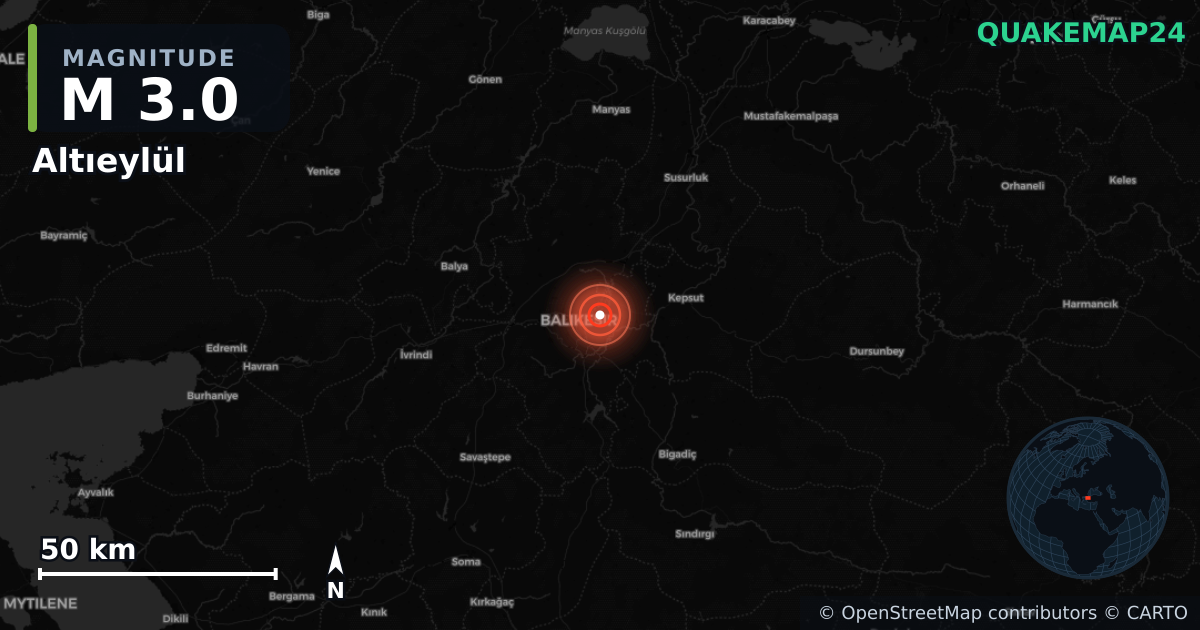 Sismo de M3,0 perto de Altıeylül, Balıkesir (Turquia) · 2026-05-21 — Mapa da localização do epicentro