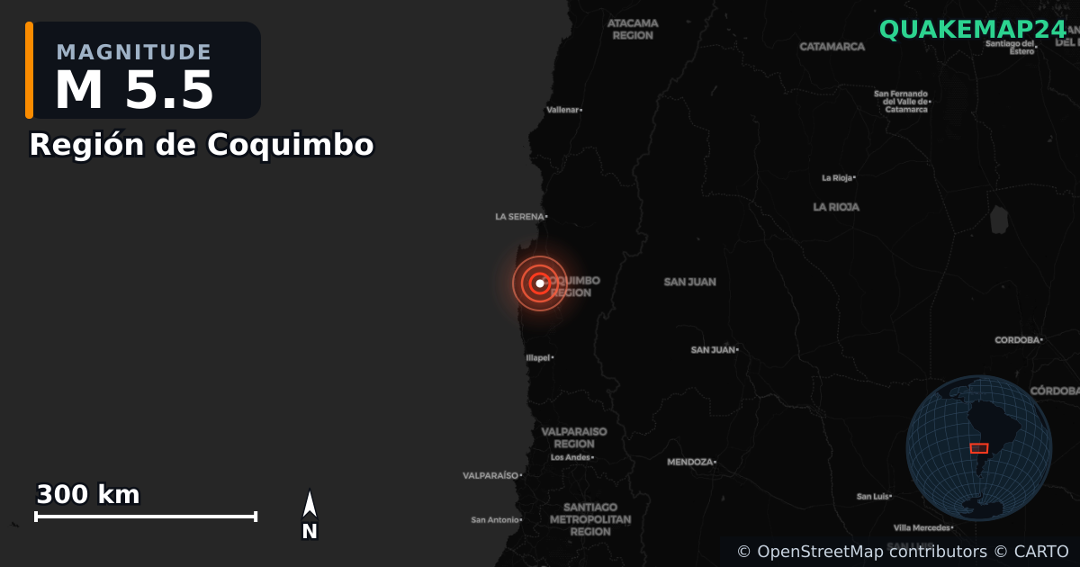 M5.5 earthquake near Región de Coquimbo on Oct 15, 2025 — map of epicenter and shaking intensity | QuakeMap24