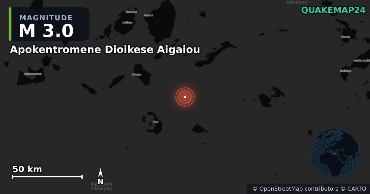 M3.0 earthquake near Apokentromene Dioikese Aigaiou on Jul 16, 2025 — map of epicenter and shaking intensity | QuakeMap24