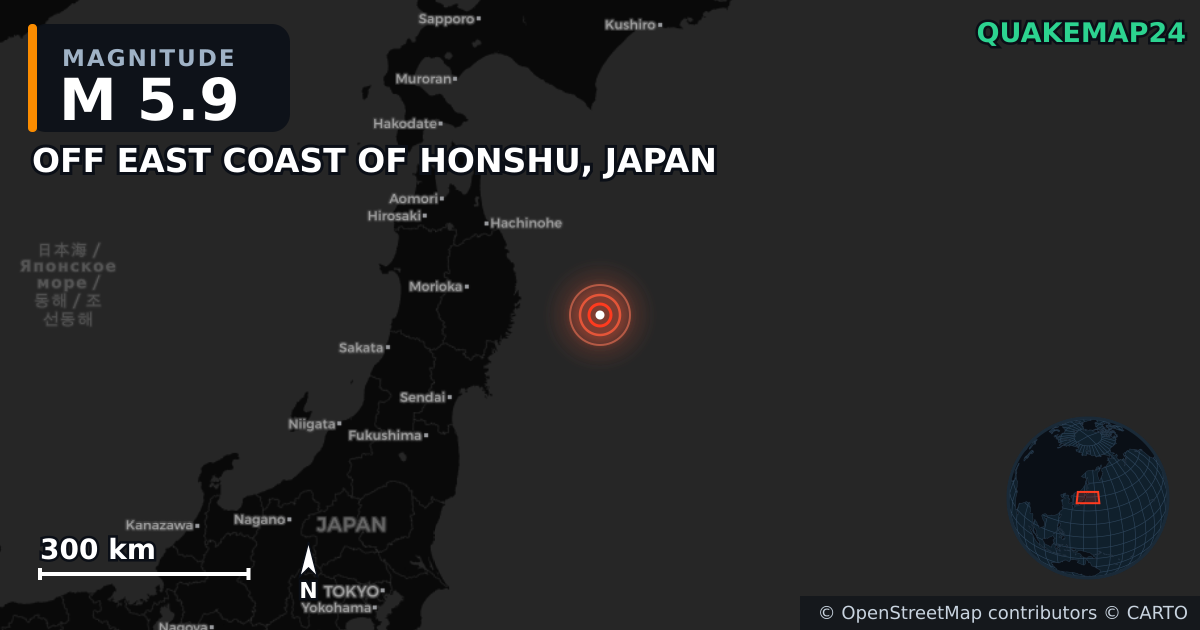 M5.9 earthquake near OFF EAST COAST OF HONSHU, JAPAN on Nov 9, 2025 — map of epicenter and shaking intensity | QuakeMap24