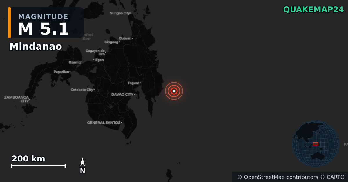 M5.1 earthquake near Mindanao on Oct 10, 2025 — map of epicenter and shaking intensity | QuakeMap24