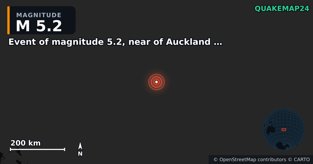M5.2 earthquake near Event of magnitude 5.2, near of Auckland (Monde) on Oct 15, 2025 — map of epicenter and shaking intensity | QuakeMap24