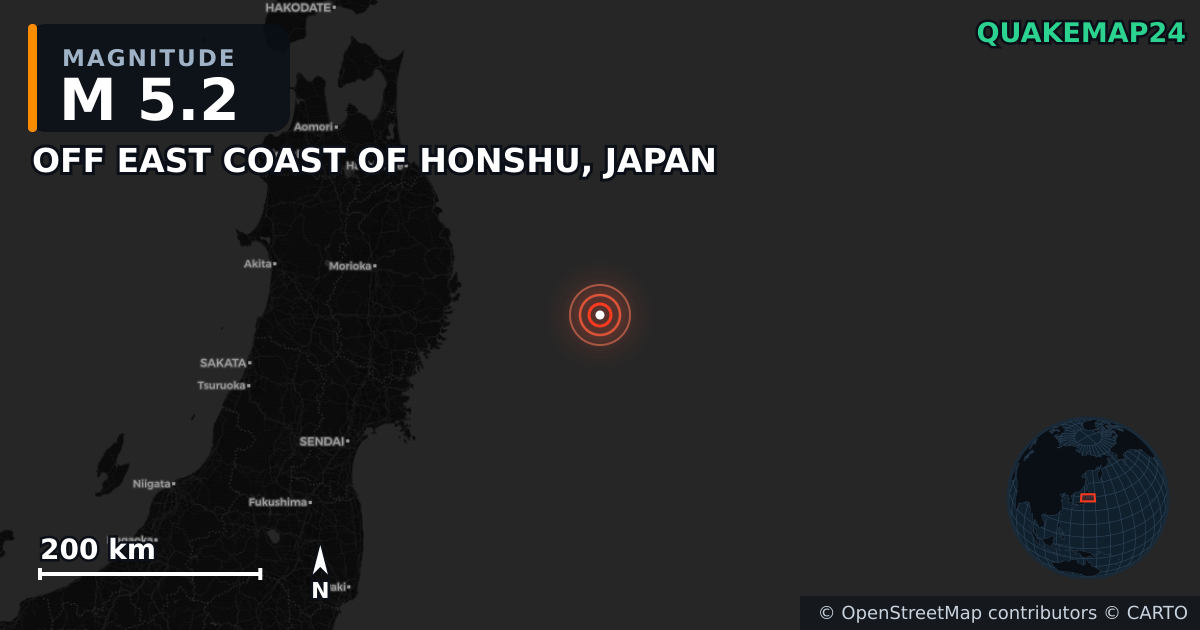 M5.2 earthquake near OFF EAST COAST OF HONSHU, JAPAN on Nov 9, 2025 — map of epicenter and shaking intensity | QuakeMap24