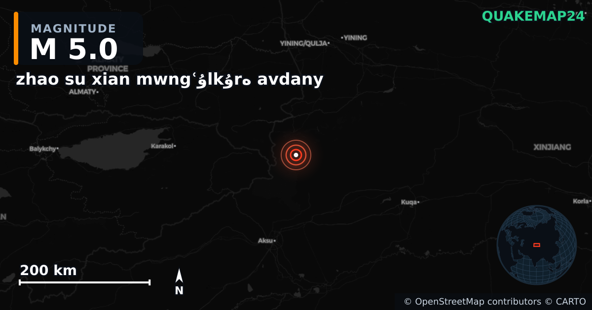 M5.0 earthquake near zhao su xian mwngʿۇlkۇrە avdany on Feb 19, 2026 — map of epicenter and shaking intensity | QuakeMap24