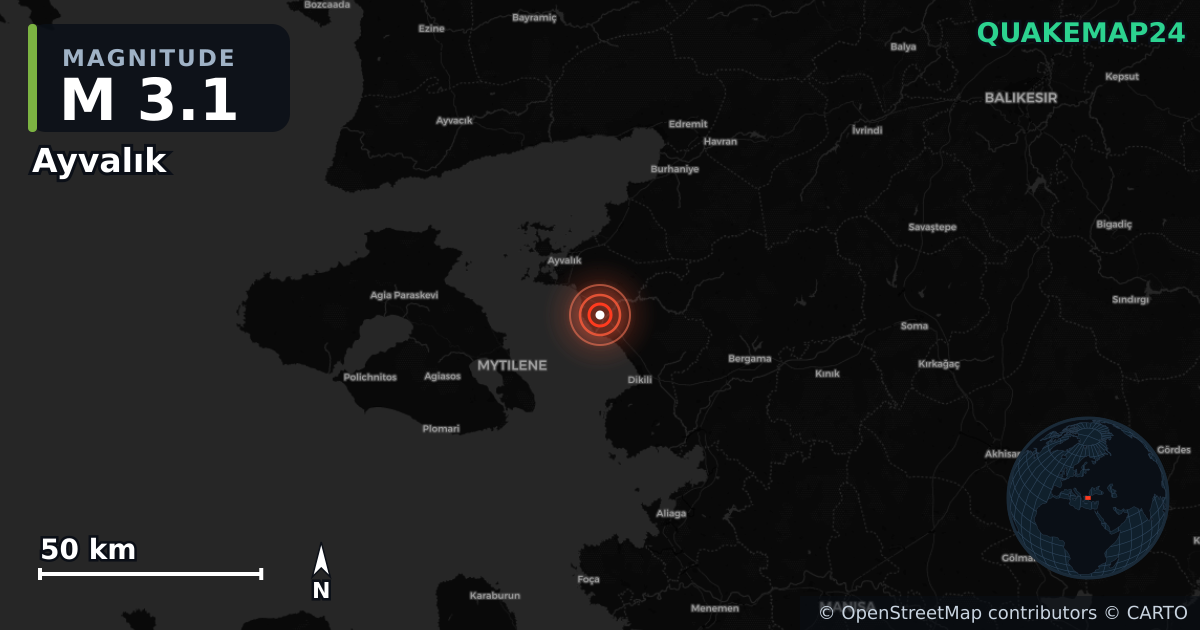 M3.1 earthquake near Ayvalık on Nov 10, 2025 — map of epicenter and shaking intensity | QuakeMap24