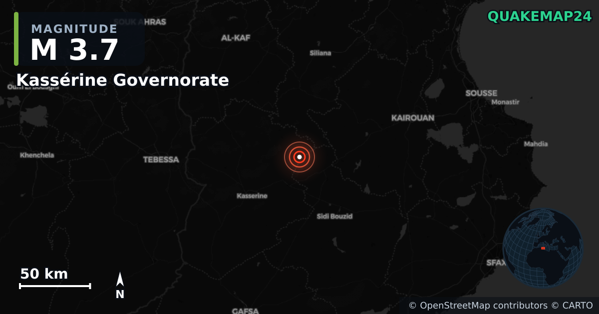 M3.7 earthquake near Kassérine Governorate on Apr 22, 2025 — map of epicenter and shaking intensity | QuakeMap24