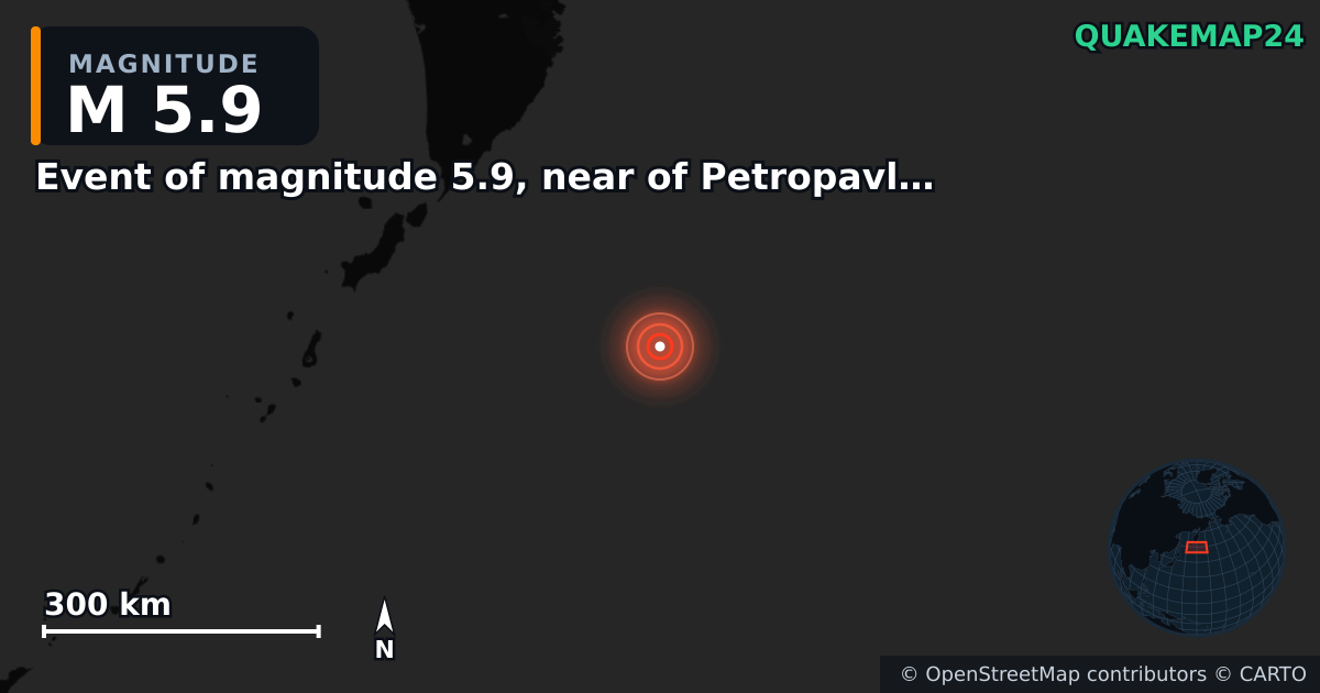 Event of magnitude 5.9, near of Petropavlovsk Kamchatskiy (Monde) yakınında M5,9 deprem — Deprem merkez üssünün konumunu gösteren harita