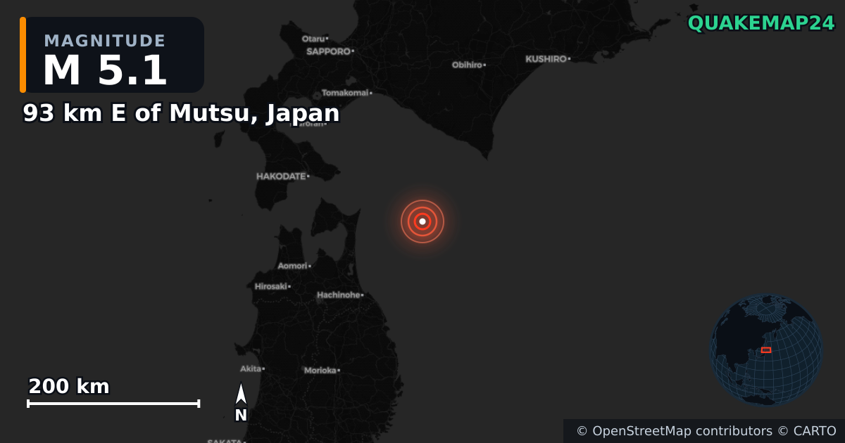 M5.1 earthquake near 93 km E of Mutsu, Japan on Dec 9, 2025 — map of epicenter and shaking intensity | QuakeMap24
