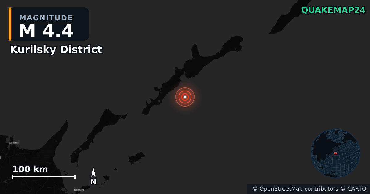 M4.4 earthquake near Kurilsky District on Jul 11, 2026 — map of epicenter and shaking intensity | QuakeMap24