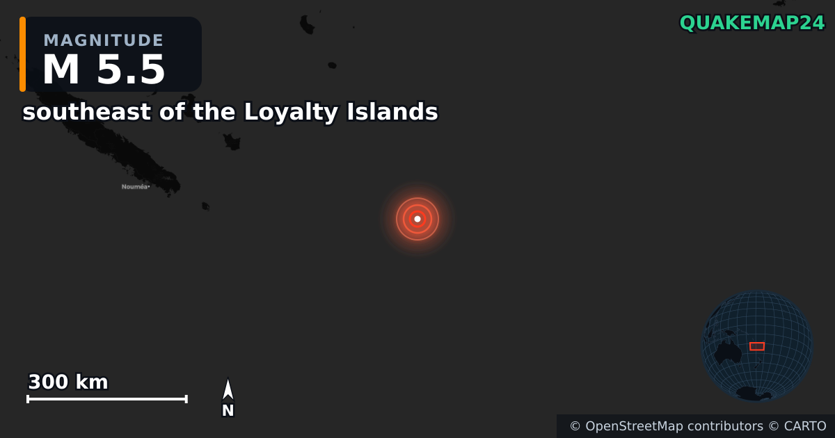 M5.5 earthquake near southeast of the Loyalty Islands on Feb 3, 2025 — map of epicenter and shaking intensity | QuakeMap24