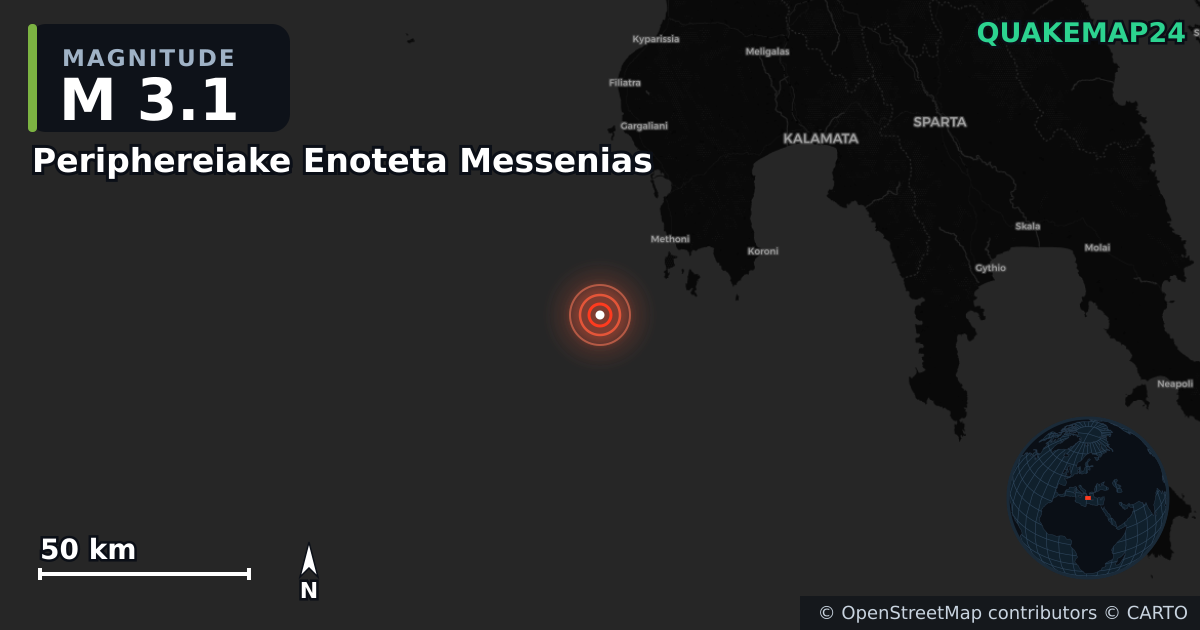 M3.1 earthquake near Periphereiake Enoteta Messenias on Feb 22, 2026 — map of epicenter and shaking intensity | QuakeMap24