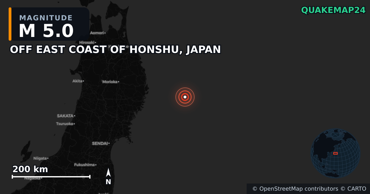 M5.0 earthquake near OFF EAST COAST OF HONSHU, JAPAN on Nov 9, 2025 — map of epicenter and shaking intensity | QuakeMap24