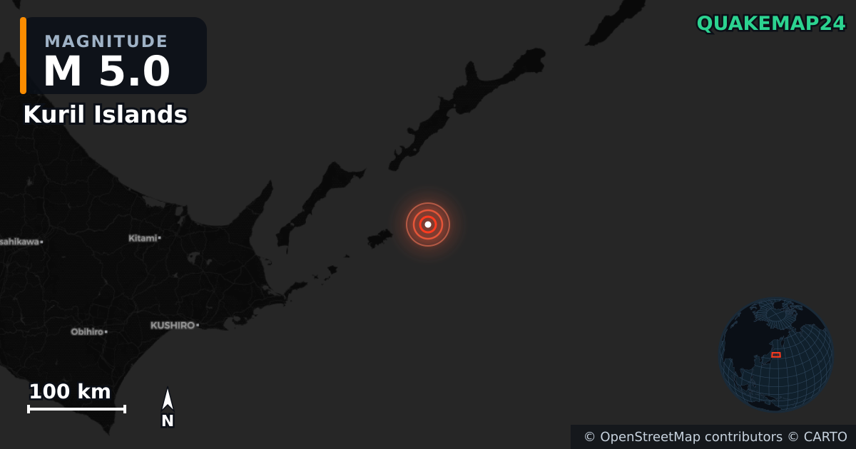 M5.0 earthquake near Kuril Islands on Dec 21, 2025 — map of epicenter and shaking intensity | QuakeMap24
