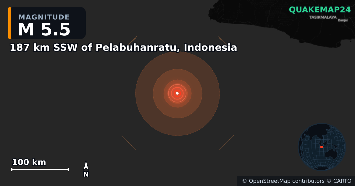 Sismo de M5,5 perto de 187 km SSW of Pelabuhanratu, Indonesia · 2026-09-14 — Mapa da localização do epicentro