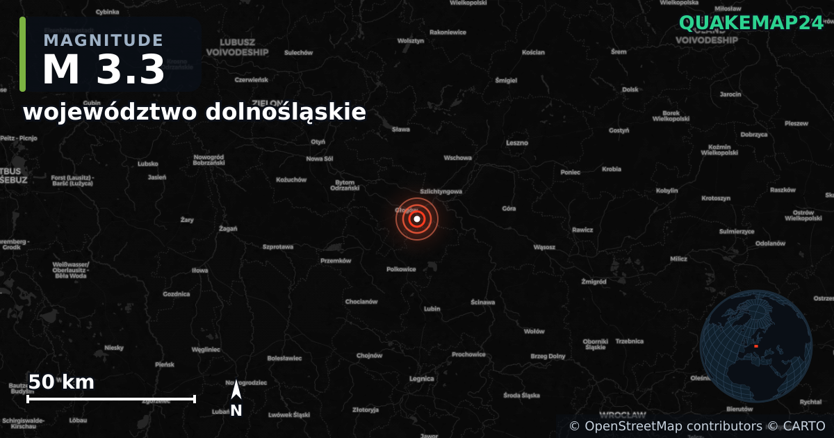 M3.3 earthquake near województwo dolnośląskie on Jul 8, 2025 — map of epicenter and shaking intensity | QuakeMap24