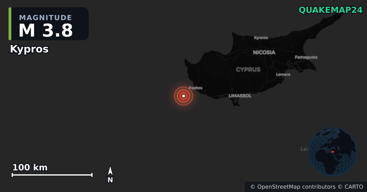 M3.8 earthquake near Kypros on Nov 13, 2025 — map of epicenter and shaking intensity | QuakeMap24