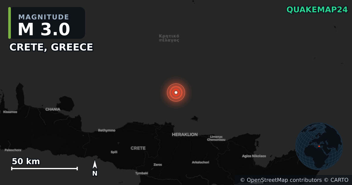 M3.0 earthquake near CRETE, GREECE on May 26, 2025 — map of epicenter and shaking intensity | QuakeMap24