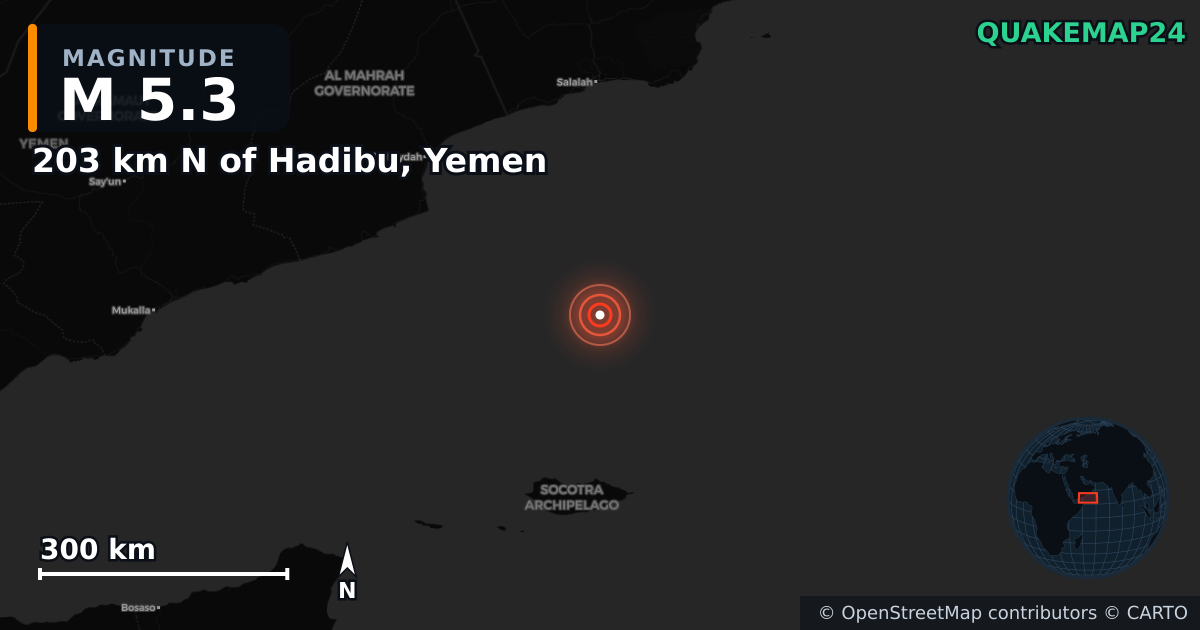 Erdbeben M5,3 bei 203 km N of Hadibu, Yemen — Karte der Lage des Epizentrums