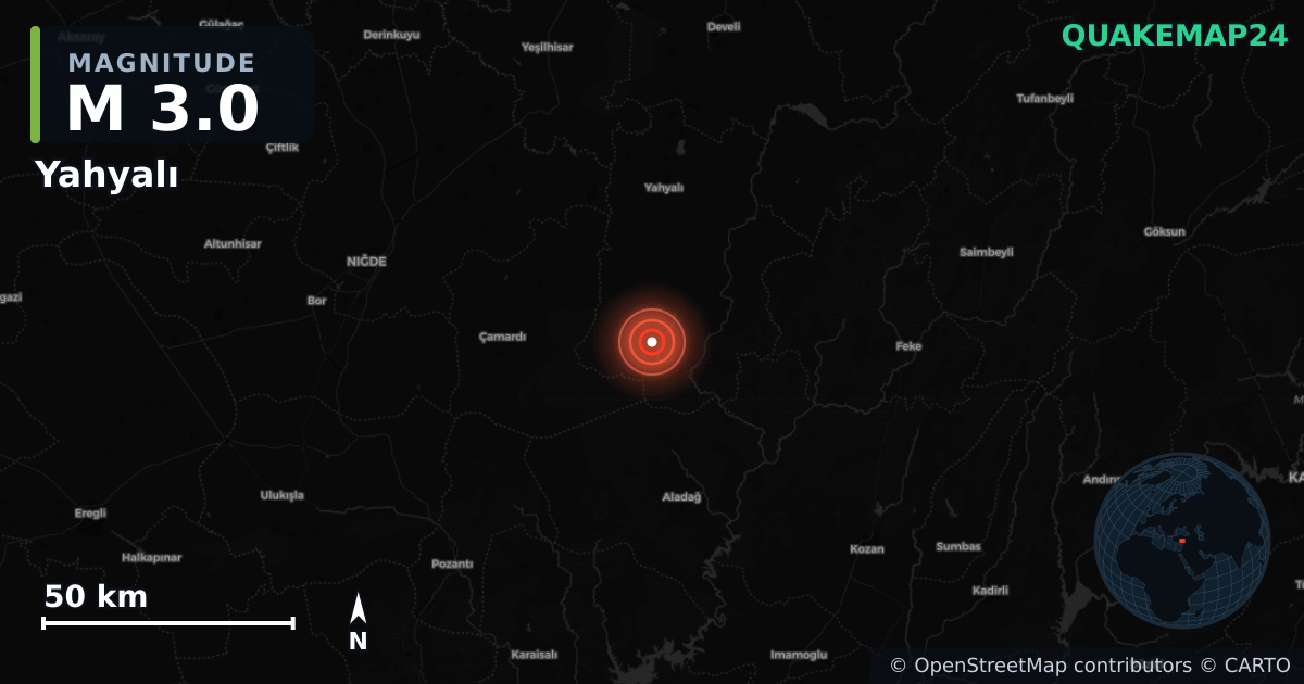 Sismo de M3,0 perto de Yahyalı, Kayseri (Turquia) · 2026-06-19 — Mapa da localização do epicentro