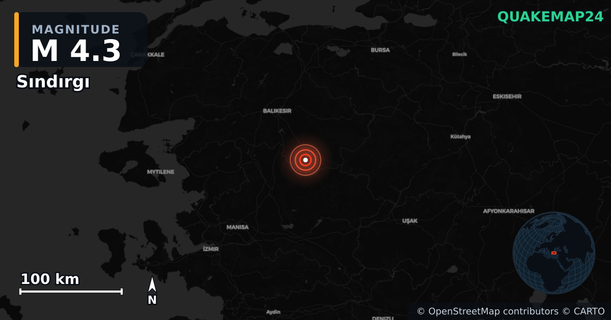 M4.3 earthquake near Sındırgı on Aug 27, 2025 — map of epicenter and shaking intensity | QuakeMap24