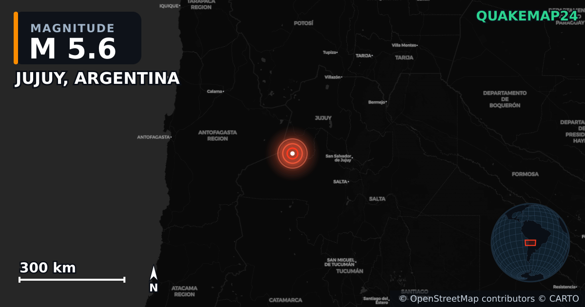 M5.6 earthquake near JUJUY, ARGENTINA on Mar 21, 2026 — map of epicenter and shaking intensity | QuakeMap24